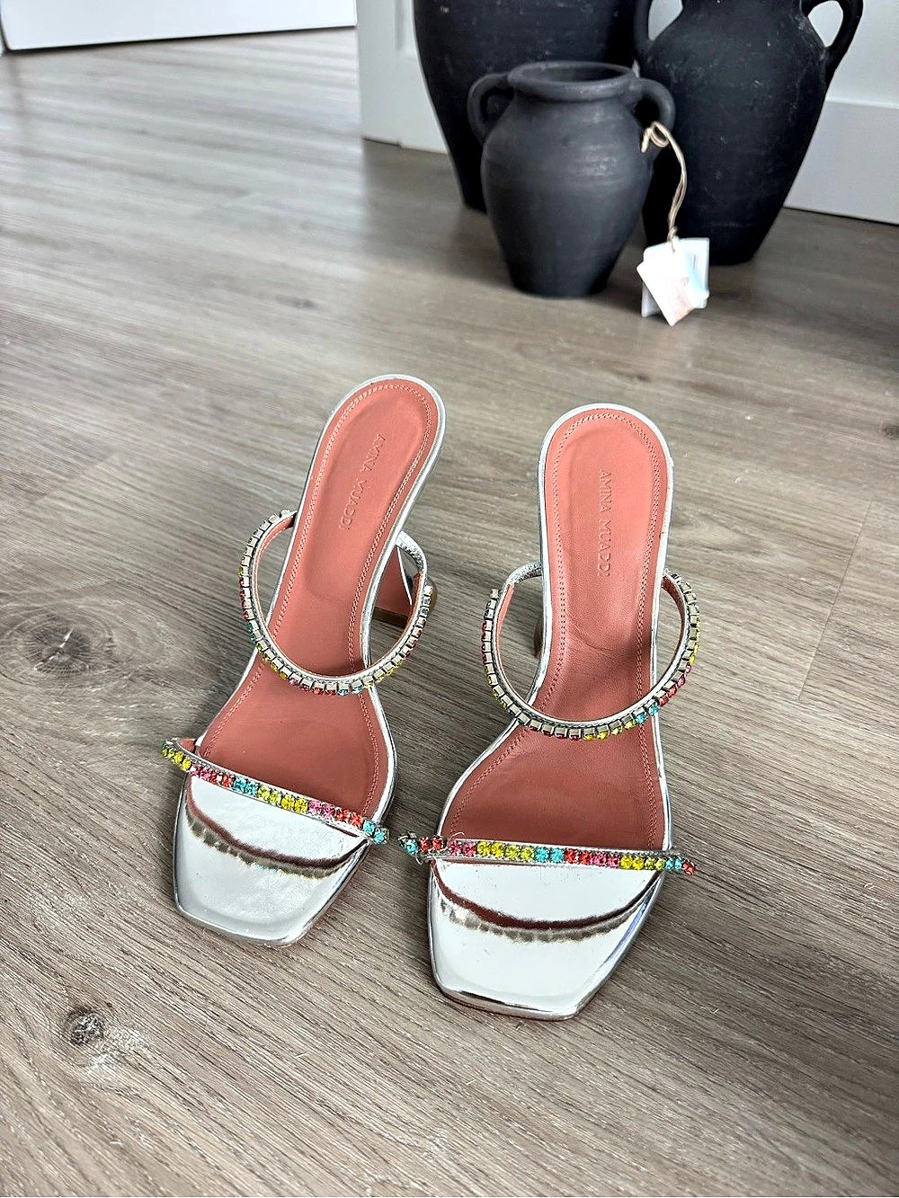Amina Muaddi Gilda Rainbow Mule Crystal Strap Heels Silver & Pink Size 37 1/2